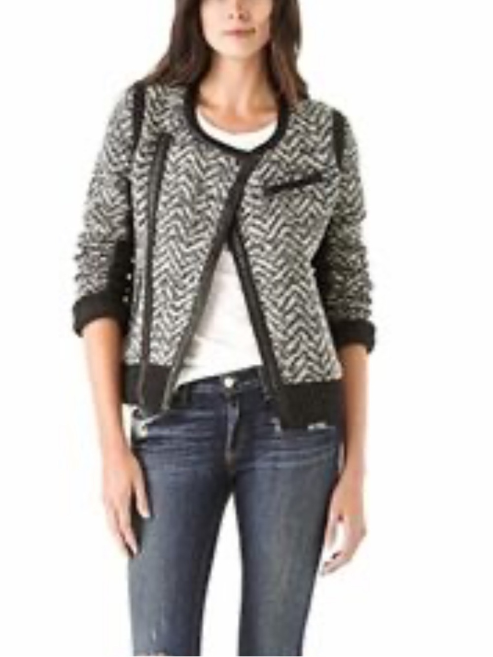 rag & bone Samantha Knit Tweed Charcoal Wool Lamb Leather Trim Jacket